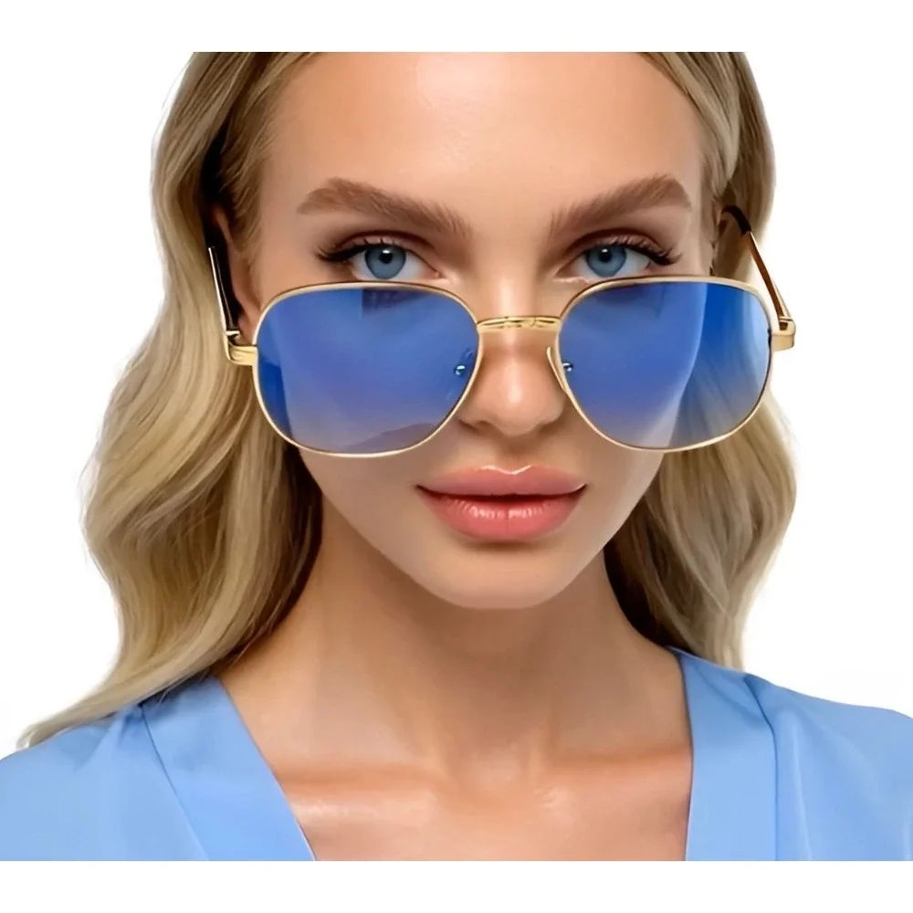 Retro‎ Steampunk Round Oversized Sunglasses Eyewear Women Vintage Aviator Blue